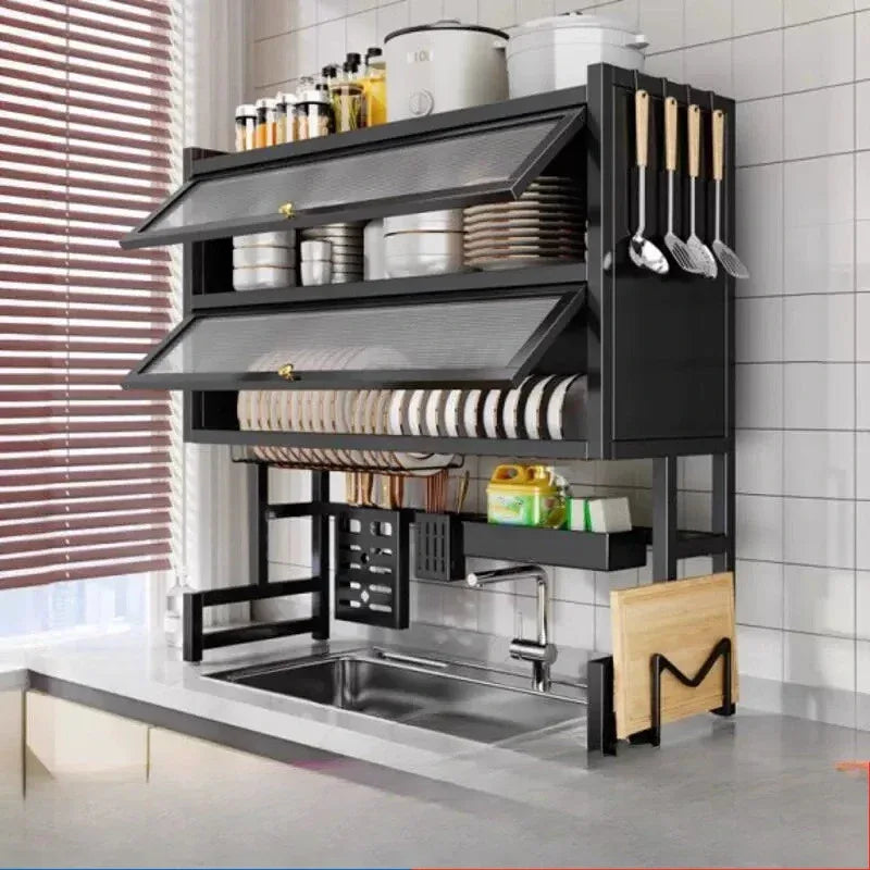 Double-Layer Kitchen Counter Dish Rack – Sink Drain Organizer with Knife Cup & Chopstick Tube - Clarify.pk