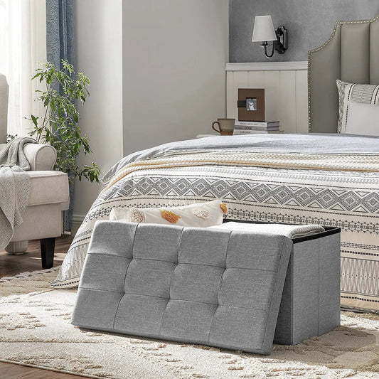 Grey tufted storage ottoman bench for living room and bedroom organization