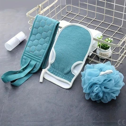 3Pcs ایکسفولیئٹنگ باتھ سیٹ - لوفہ، گلوو اور بیک سکربر