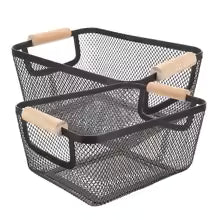 Minimalist Mesh Iron Storage Basket with Wooden Handles