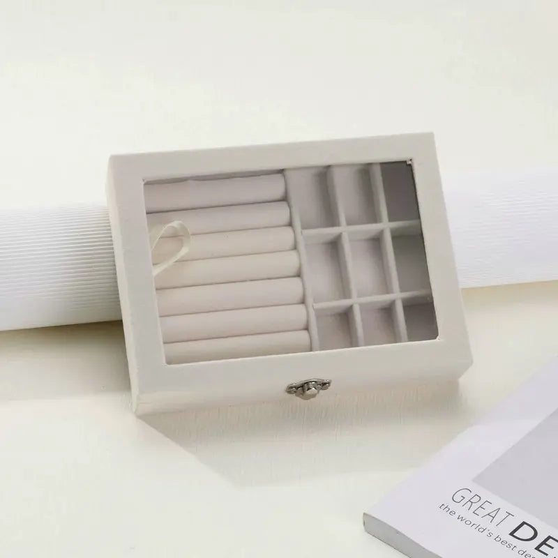 Velvet Jewelry Storage Organizer - Luxury Glass Lid Ring & Necklace Box (Random color)