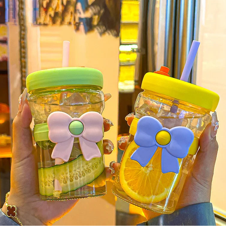 400ml Bow Glass Straw Cup – Leak-Proof Heat Resistant Mug