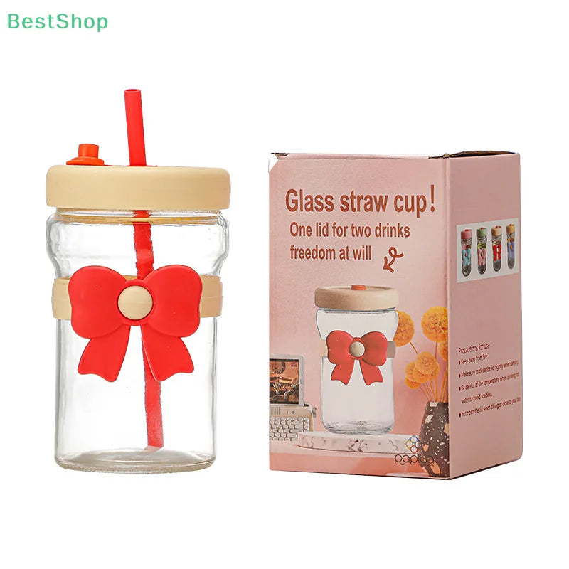 400ml Bow Glass Straw Cup – Leak-Proof Heat Resistant Mug