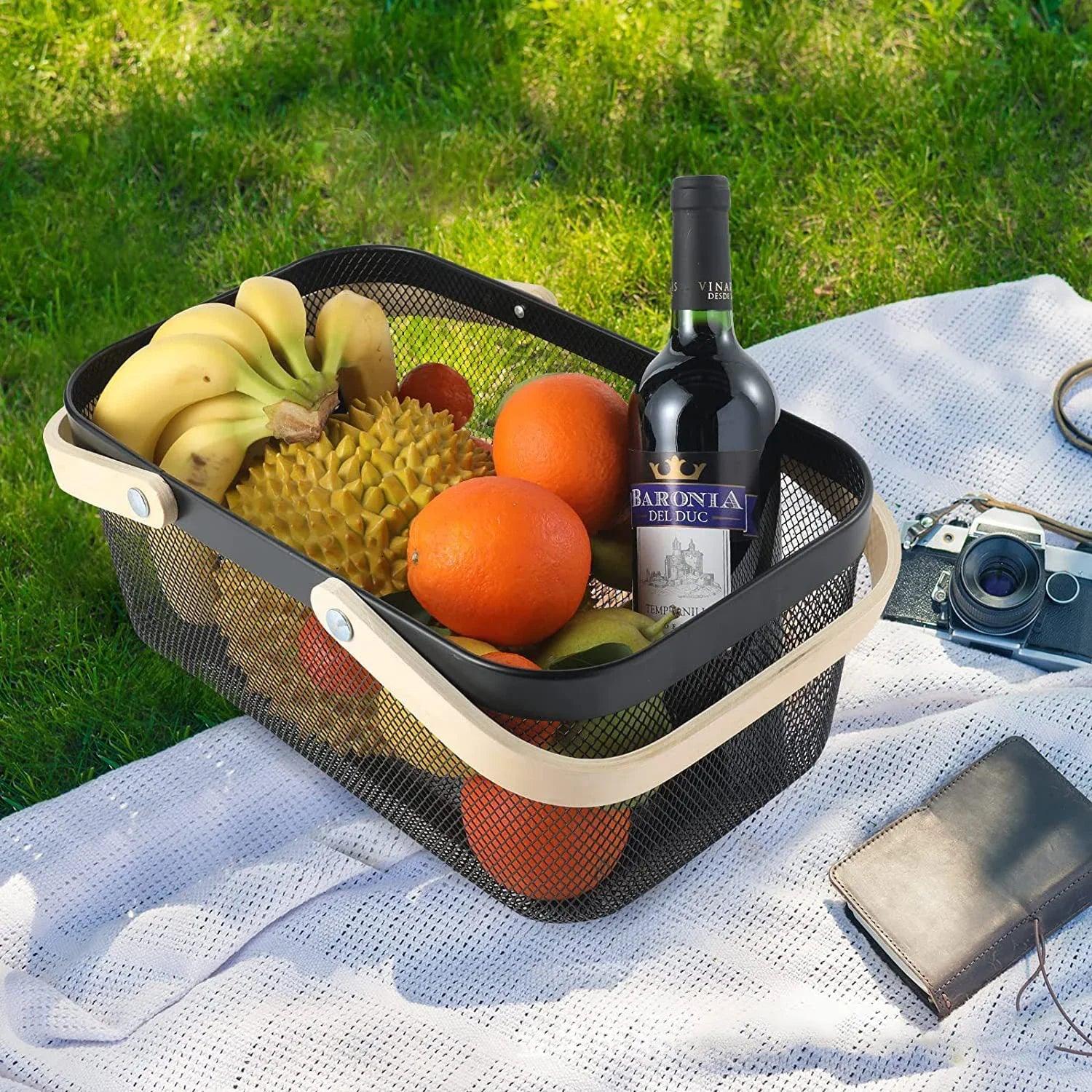 Nordic Metal Rectangular Basket – Wooden Handle - Clarify.pk