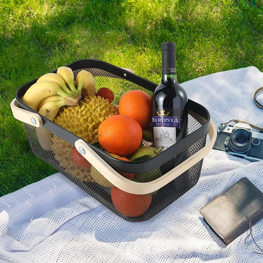 Nordic Metal Rectangular Basket – Wooden Handle - Clarify.pk