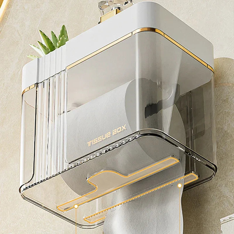 Punch-Free Toilet Paper Holder Box – Waterproof Bathroom Tissue Organizer with Storage Shelf