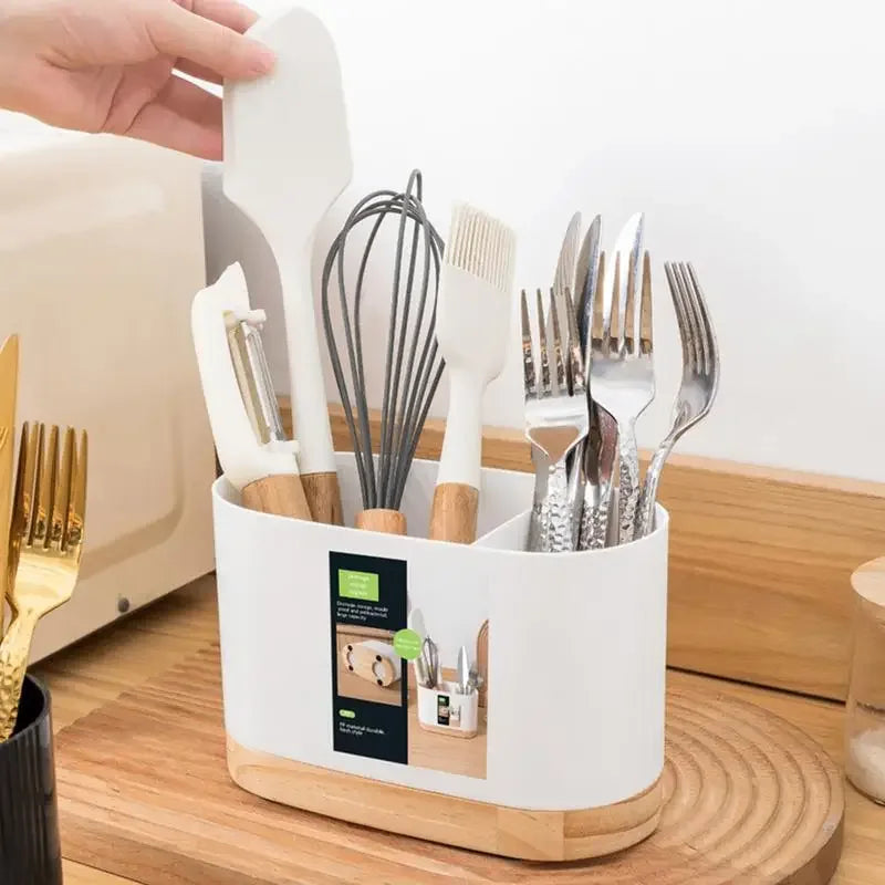Kitchen Tableware Utensil Holder with Wooden Base – Cutlery Drainer - Clarify.pk