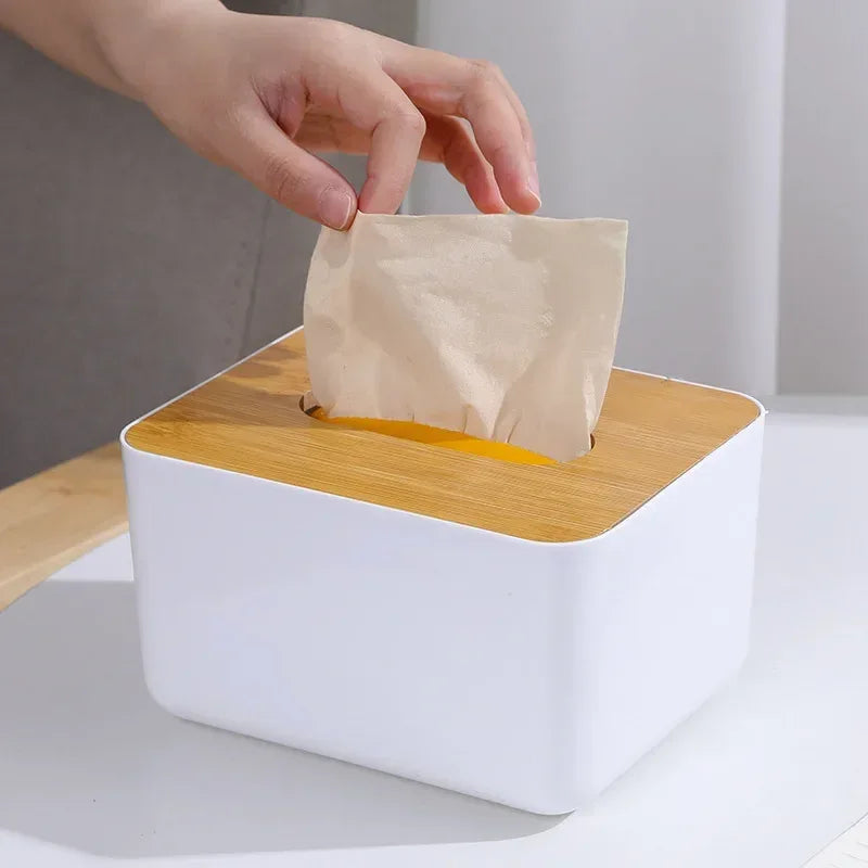 Plastic Tissue Box with Wooden Lid – Modern Home & Office Organizer