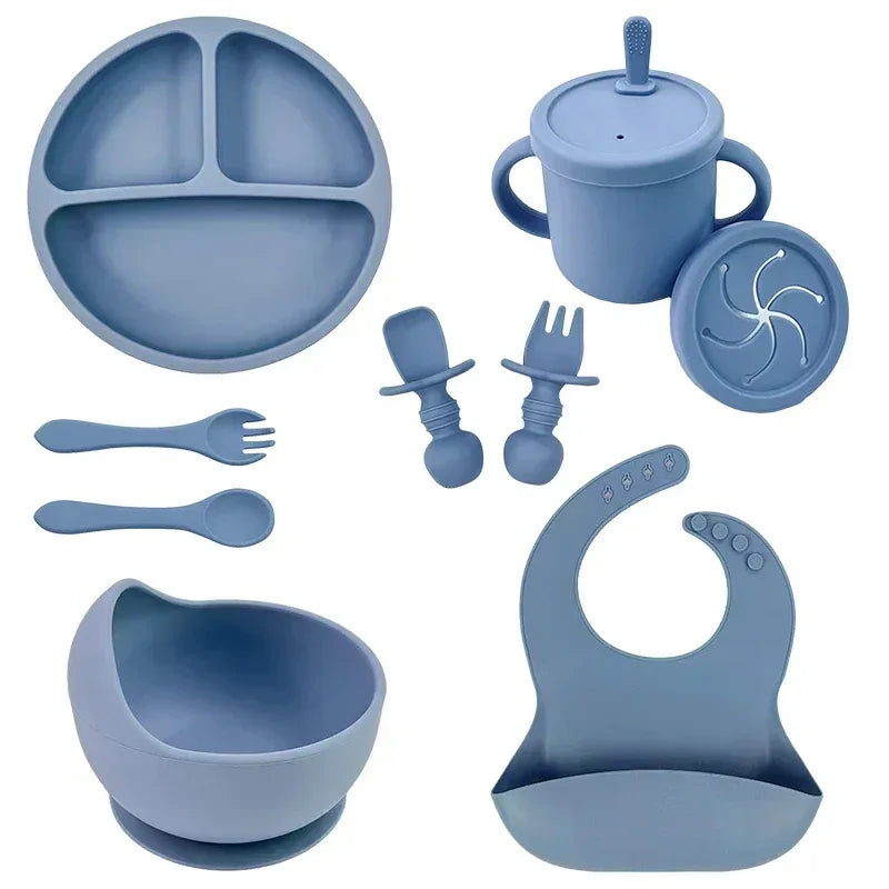 Silicone Baby Tableware Set – Bowl, Spoon, Fork, Bib & Plate - Clarify.pk