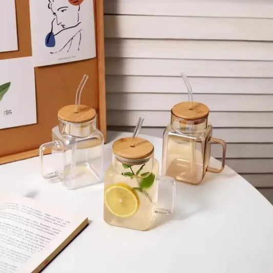 Square Mason Jar with Straw – Glass Drinking Cup (620ml) - Clarify.pk