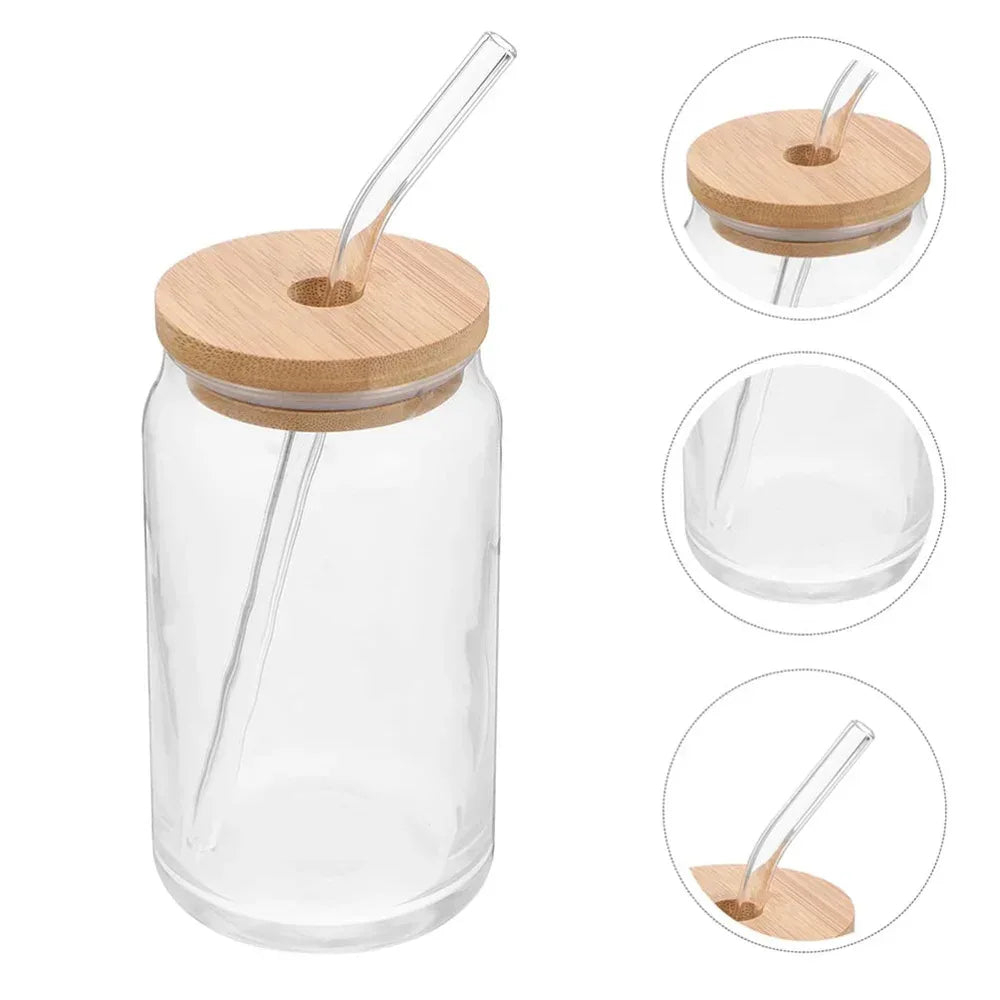 Glass Cup with Bamboo Lid & Straw – 350ml Mason Jar - Clarify.pk