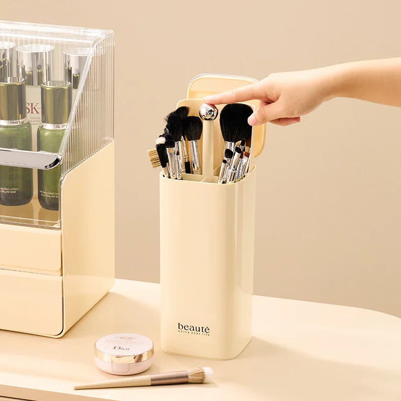 Automatic Lifting Makeup Brush Organizer - 4-Grid Dustproof Cosmetic Tool Bucket