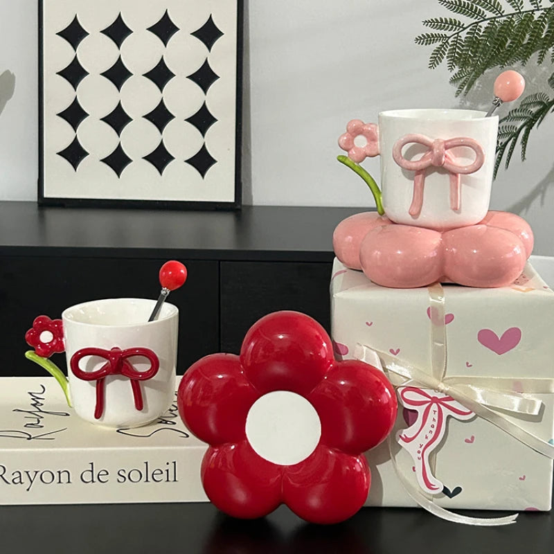 Creative Bow Ceramic Mug Home Three-dimensional Flower Coffee Cup Saucer Exquisite Girls Office Breakfast Milk Cup Birthday Gift