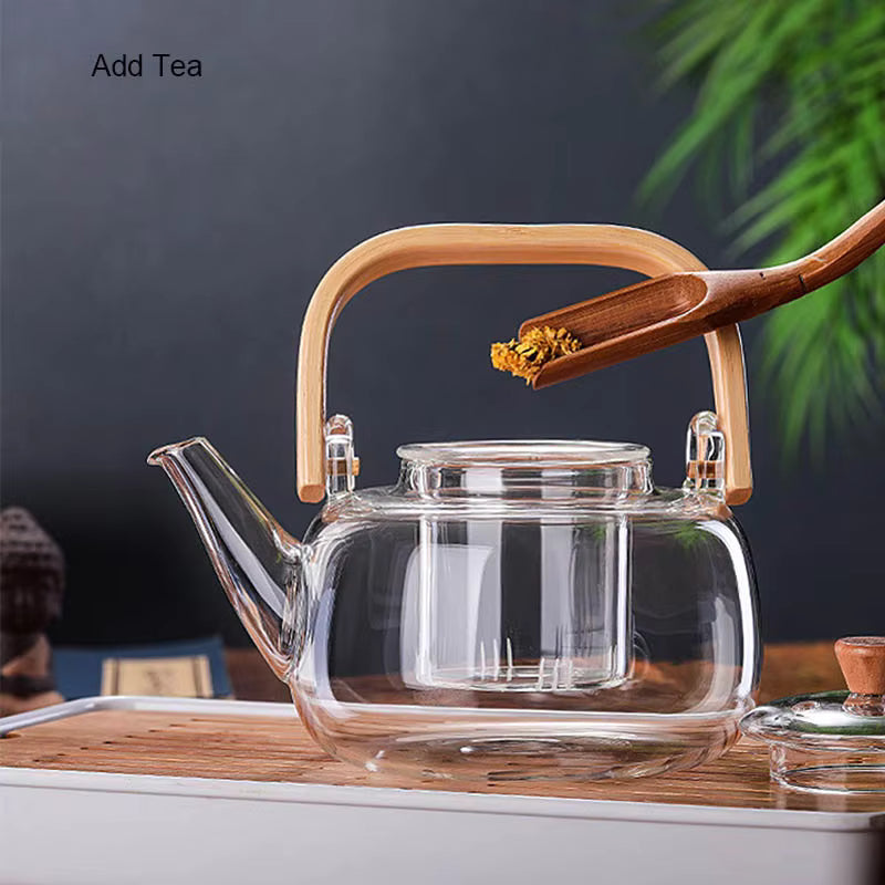 Borosilicate Glass Kettle – Elegant Heat-Resistant Stovetop Teapot with Natural Bamboo Handle & Infuser