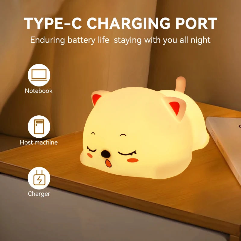 Sleeping cat silicone LED night lamp USB rechargeable for bedroom