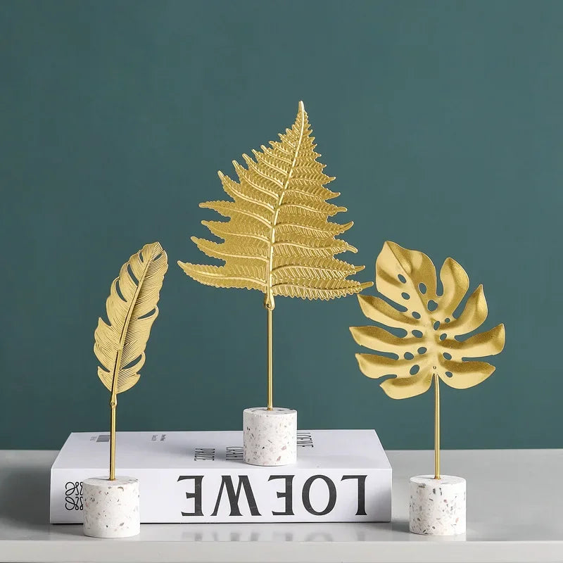 Golden Metal Leaf Desktop Decor - Luxury Home Ornament