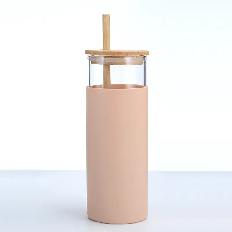 Glass Tumbler with Bamboo Lid With Random Color Cover - Clarify.pk