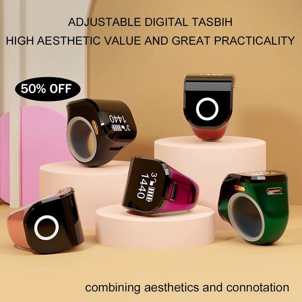 Smart Zikr Ring – Premium Rechargeable Digital Tasbih with HD LED & Mobile App Sync