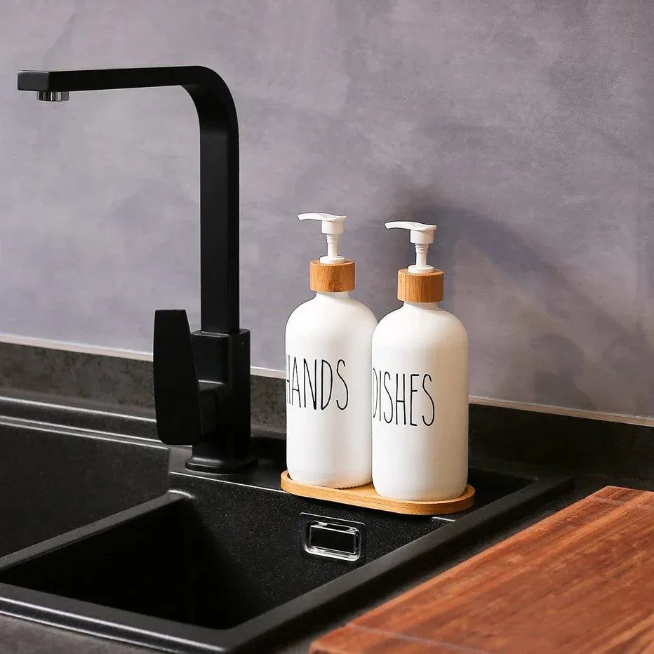 Matte Black & White Soap Dispenser Set with Bamboo Pump - Clarify.pk