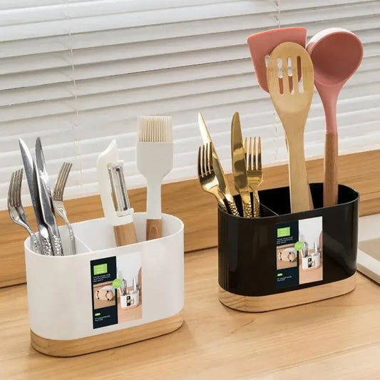 Kitchen Tableware Utensil Holder with Wooden Base – Cutlery Drainer - Clarify.pk
