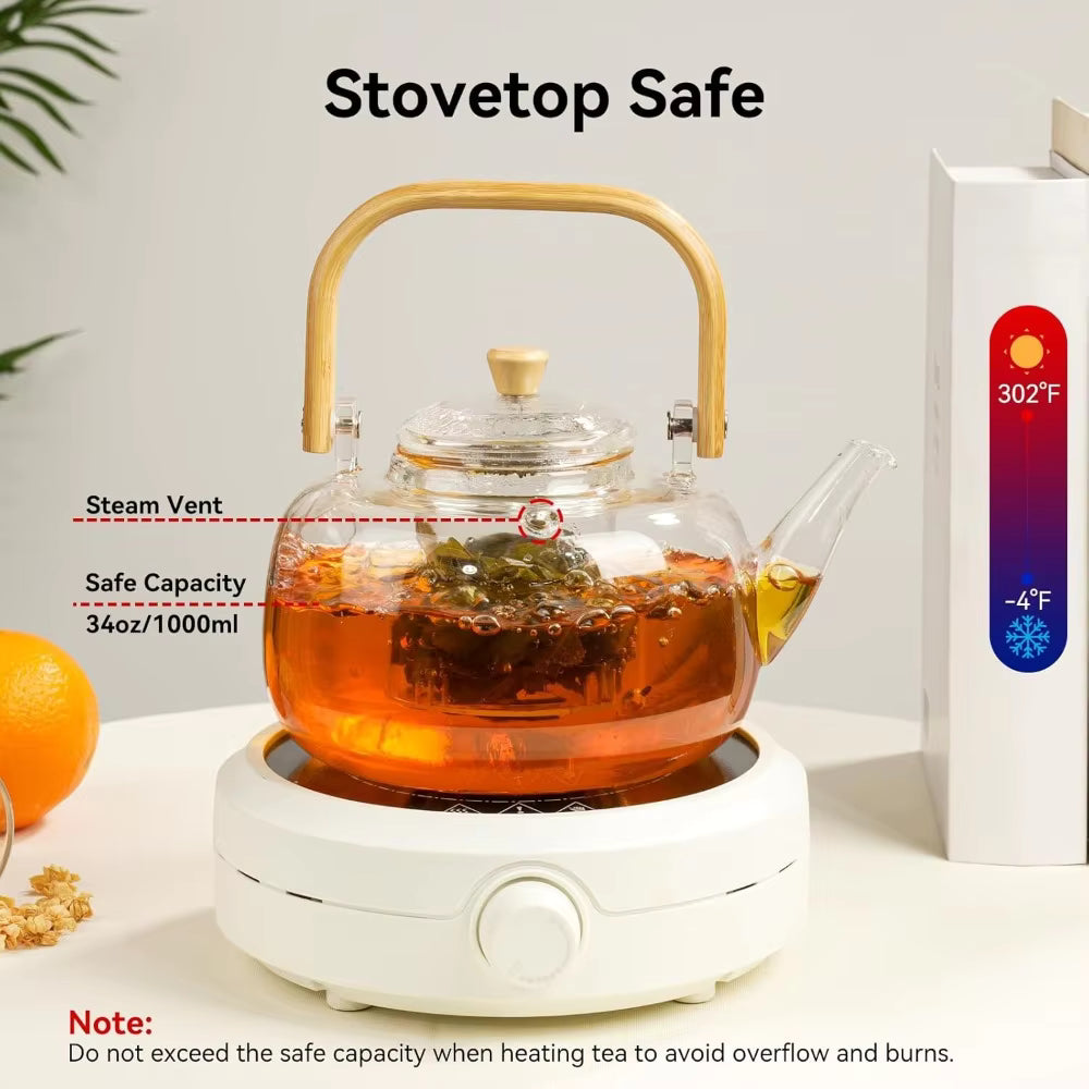 Borosilicate Glass Kettle – Elegant Heat-Resistant Stovetop Teapot with Natural Bamboo Handle & Infuser