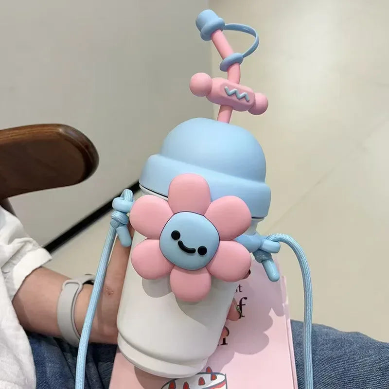 Cartoon Vacuum Straw Cup – Stainless Steel with Carry Rope - Clarify.pk