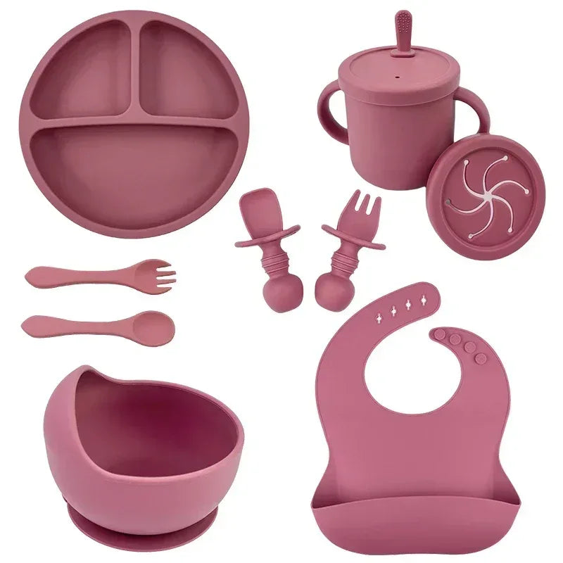 Silicone Baby Tableware Set – Bowl, Spoon, Fork, Bib & Plate - Clarify.pk