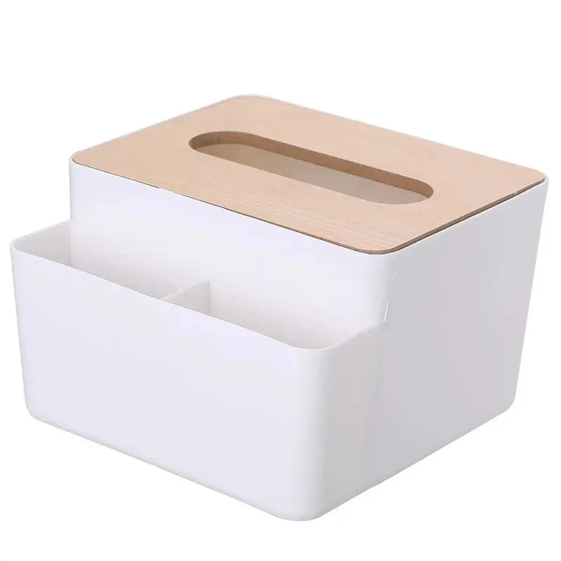 Plastic Tissue Box with Wooden Lid – Modern Home & Office Organizer