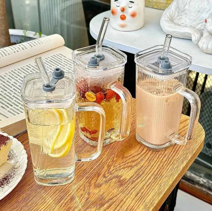 Minimalist Rectangular Glass Tumbler with Matching Glass Straw