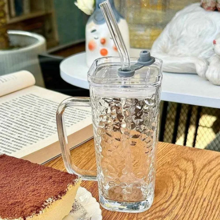 Minimalist Rectangular Glass Tumbler with Matching Glass Straw