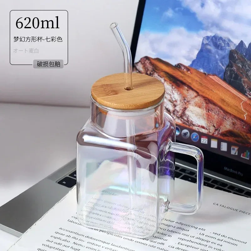 Square Mason Jar with Straw – Glass Drinking Cup (620ml) - Clarify.pk
