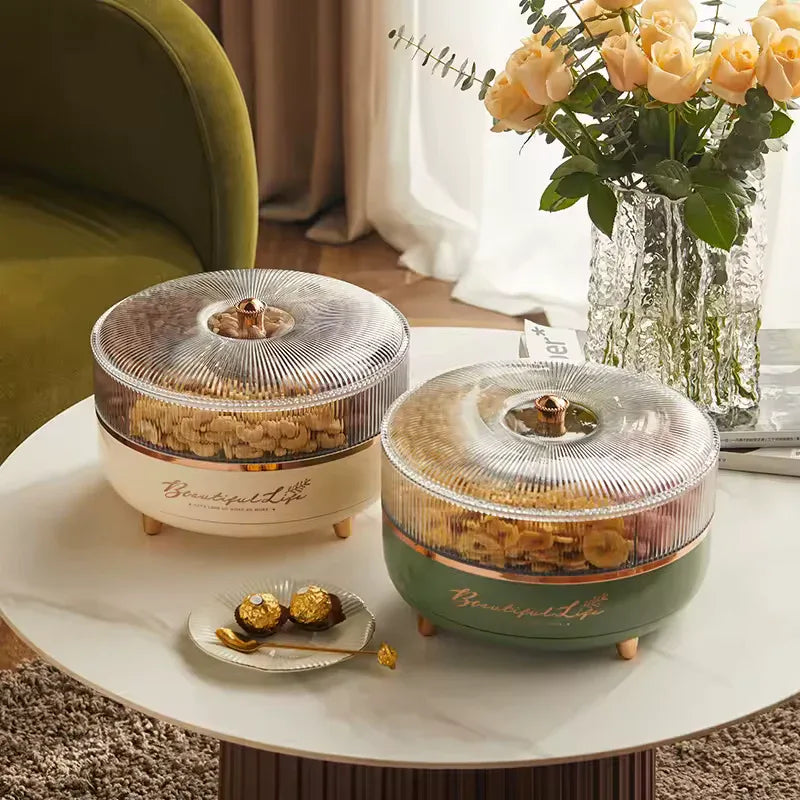 360° Rotating Snack Storage Box – Transparent Candy & Dried Fruit Tray