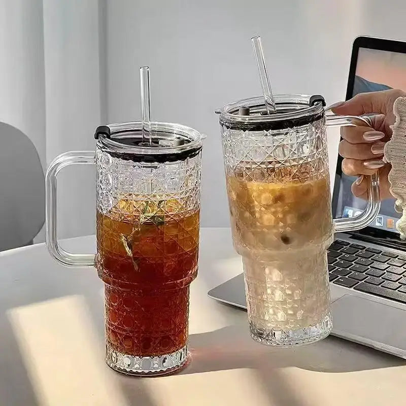 1pcs/2pcsLarge Capacity Glass Cup with Straw and Lid, Heat Resistant Coffee Mug, Office Water Bottle, Durable and Stylish Design