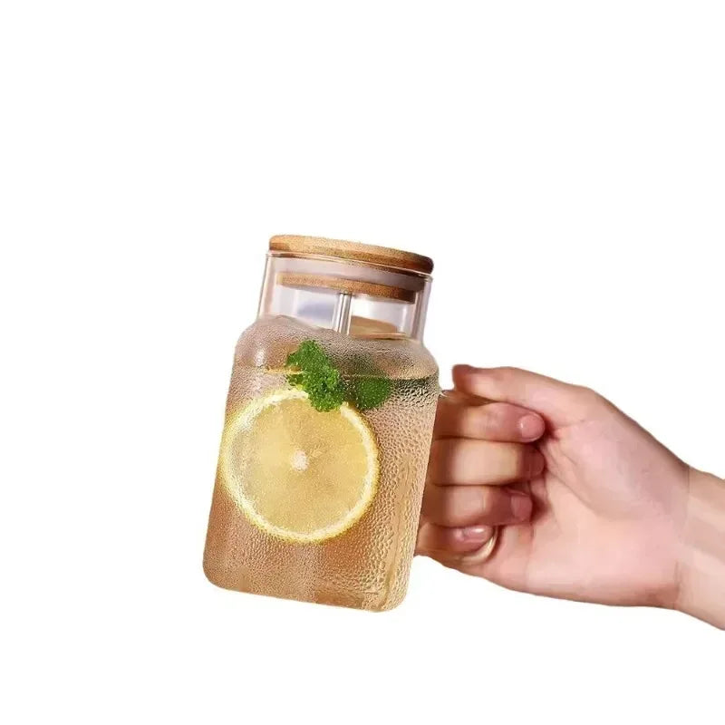 Square Mason Jar with Straw – Glass Drinking Cup (620ml) - Clarify.pk