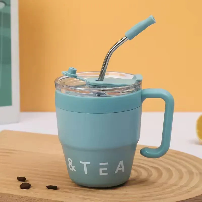 سٹینلیس سٹیل سٹرا ڈھکن کی بوتل 480ml - گرم اور ٹھنڈا تھرموس (بے ترتیب رنگ)