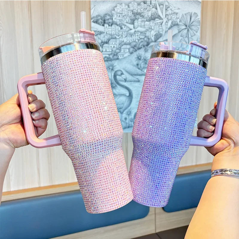 ہینڈل کے ساتھ پریمیم 40oz Rhinestone Bling Tumbler (رینڈم کلر)