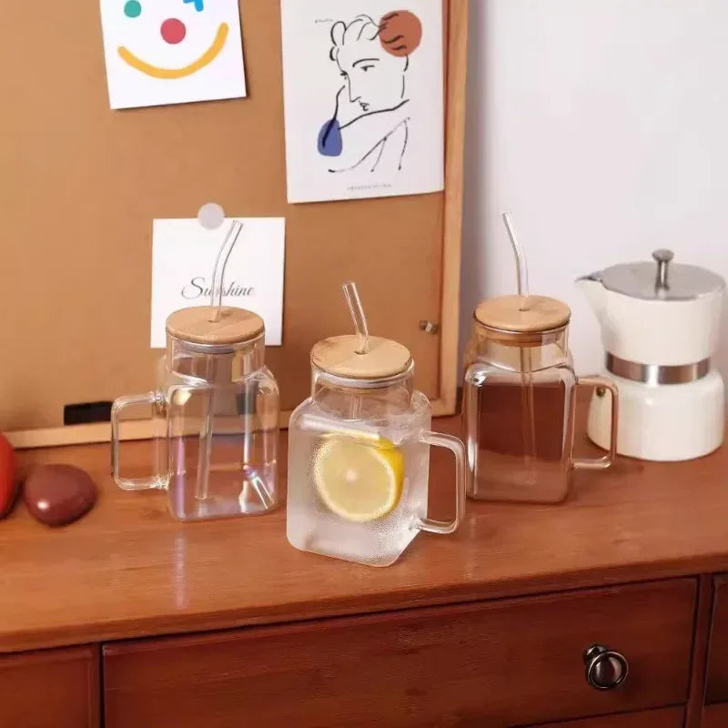 Square Mason Jar with Straw – Glass Drinking Cup (620ml) - Clarify.pk