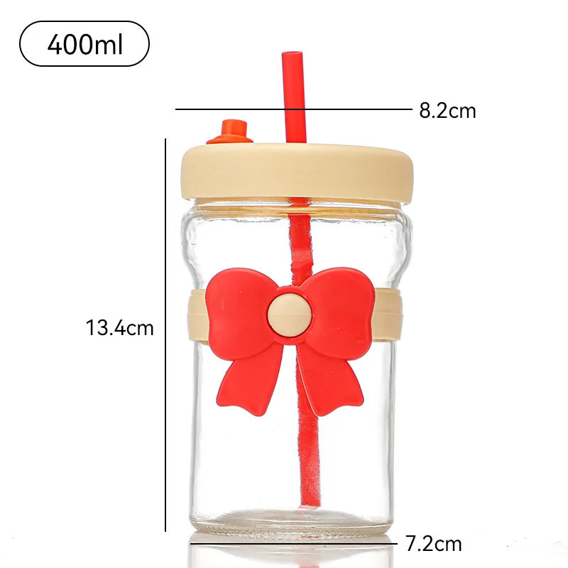 400ml Bow Glass Straw Cup – Leak-Proof Heat Resistant Mug