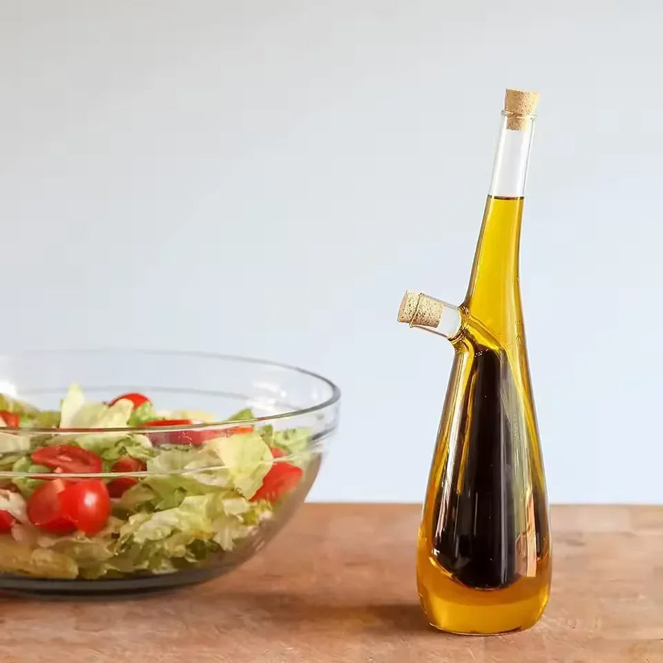 2-in-1 Double Layer Glass Olive Oil & Vinegar Dispenser with Stoppers - Clarify.pk