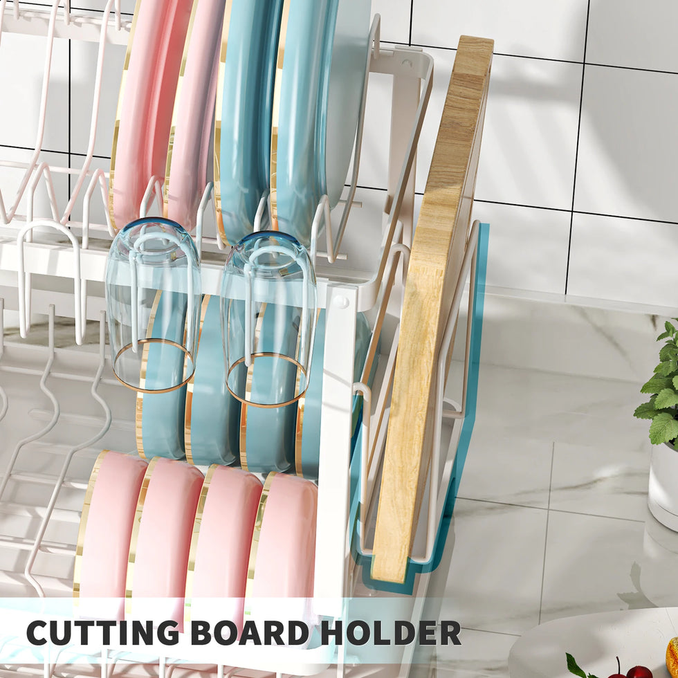 2tier Multipurpose Dish drying Rack for Kitchen countertop with Cups rack Utensil Holder Cutting Board Space-Saving Black White