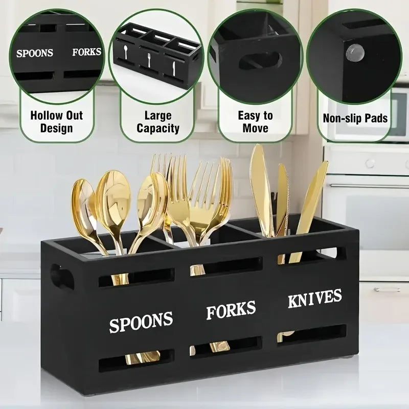 Wooden Cutlery Organizer Box – Multi-Compartment Storage - Clarify.pk