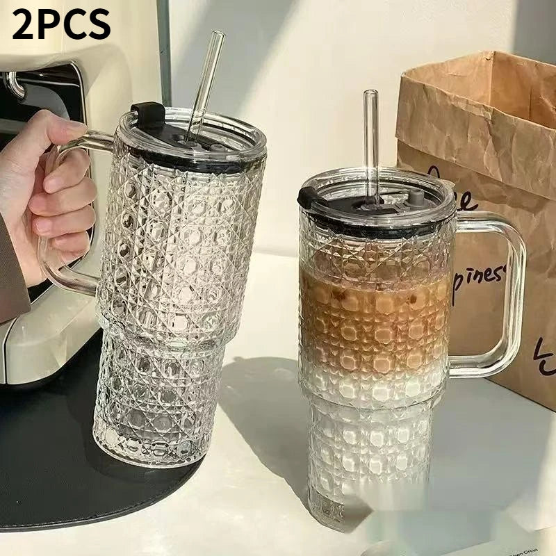 1pcs/2pcsLarge Capacity Glass Cup with Straw and Lid, Heat Resistant Coffee Mug, Office Water Bottle, Durable and Stylish Design