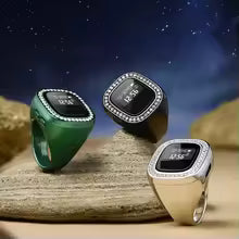 Diamond LED Smart Zikr Ring – Luxury Rechargeable Digital Tasbih with Crystal Arch Stand