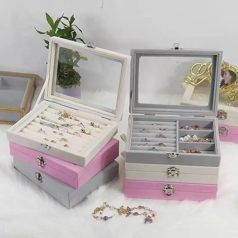 Thickened Velvet Jewelry Box - Dustproof Lockable Ring & Earring Organizer (Random color)