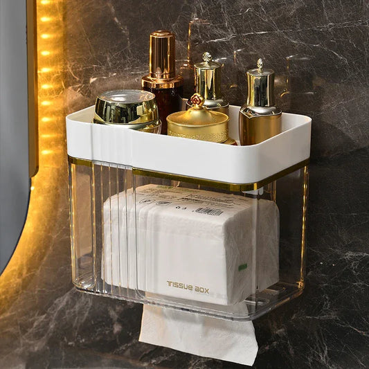 Punch-Free Toilet Paper Holder Box – Waterproof Bathroom Tissue Organizer with Storage Shelf - Clarify.pk