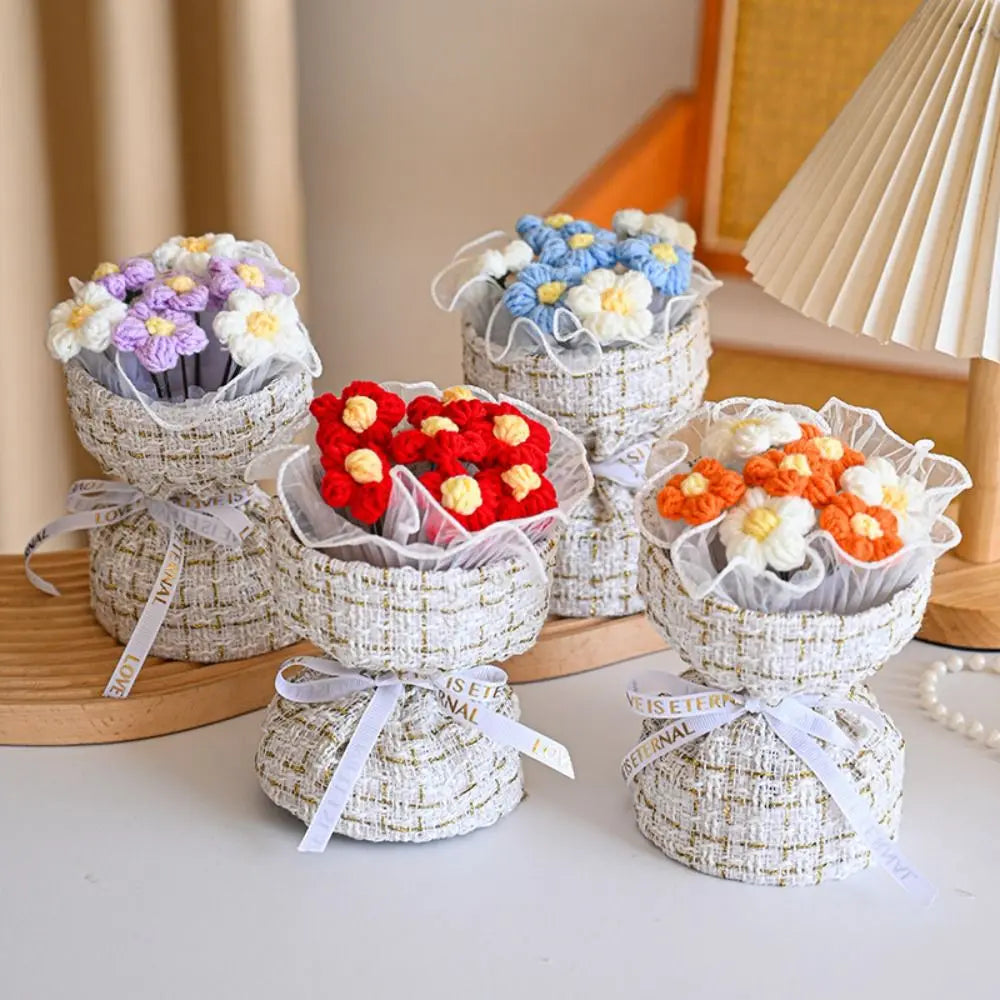 Handmade wool knitted puff flower bouquet for home decor and gifting in Pakistan