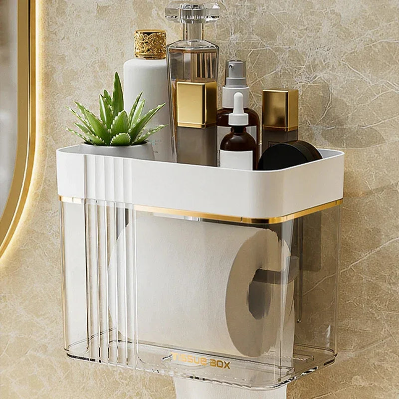 Punch-Free Toilet Paper Holder Box – Waterproof Bathroom Tissue Organizer with Storage Shelf - Clarify.pk