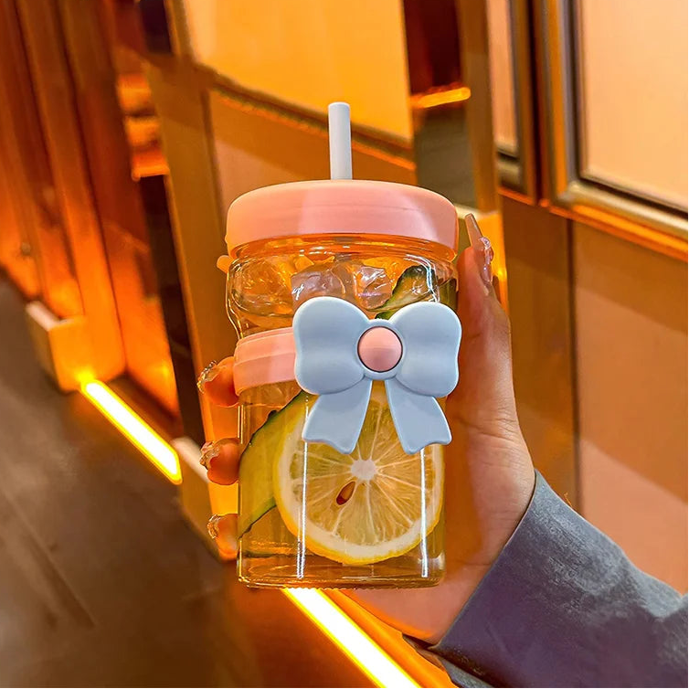 400ml Bow Glass Straw Cup – Leak-Proof Heat Resistant Mug