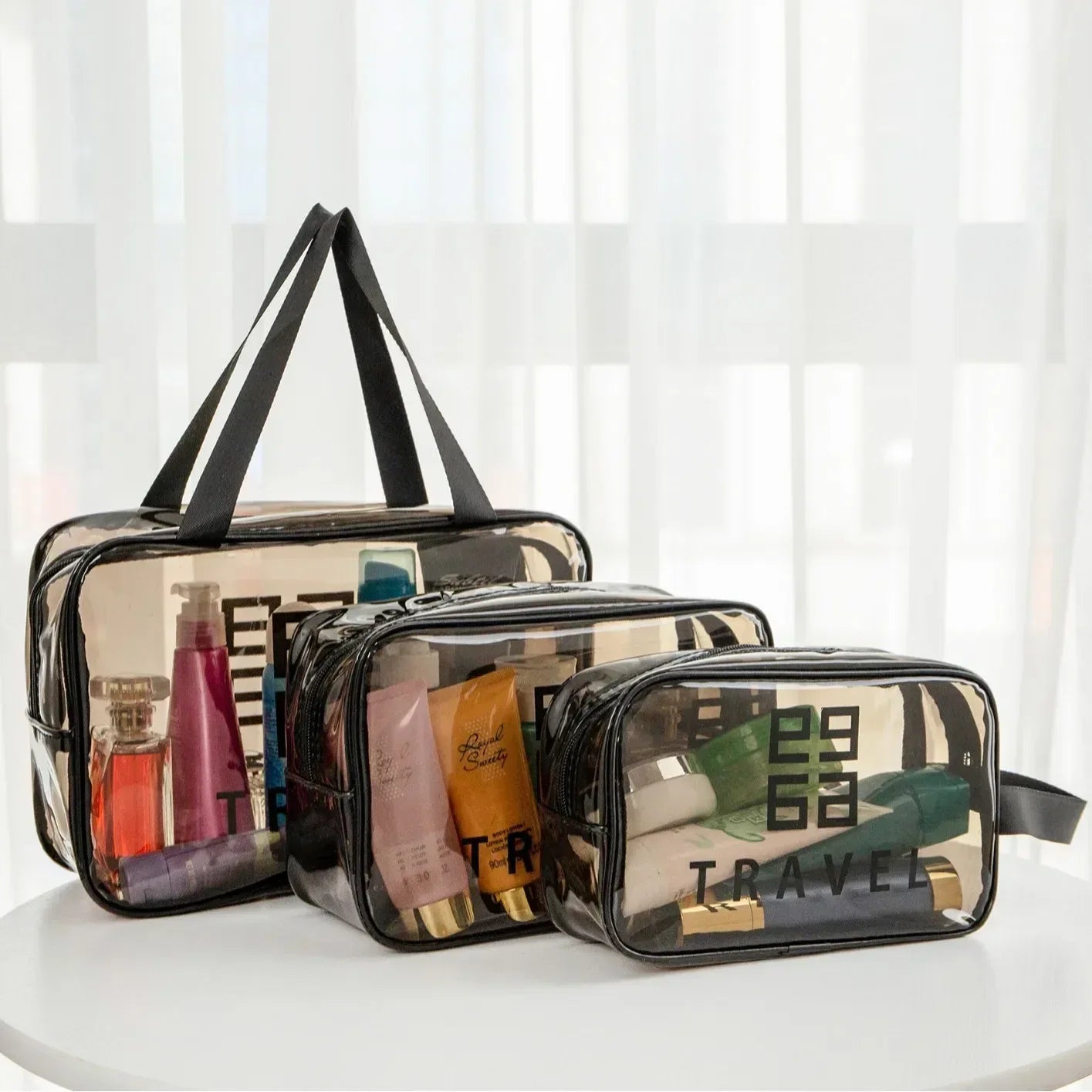 Pack of 3 Large PVC Transparent Cosmetic Bag – Waterproof Handheld Makeup Pouch - Clarify.pk