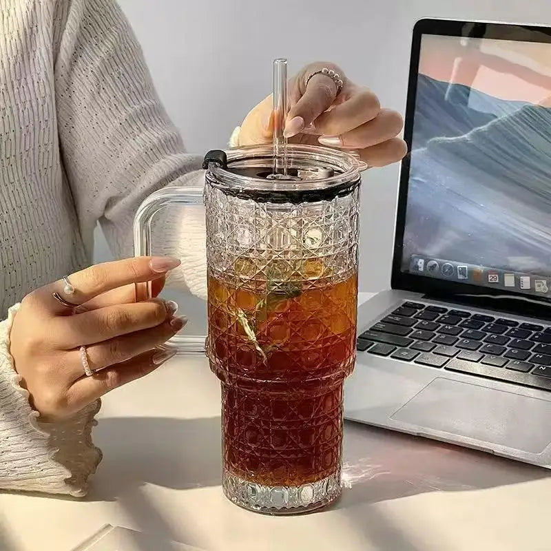 Glass Tumbler with Handle & Straw – 750ml Leak-Proof Mug